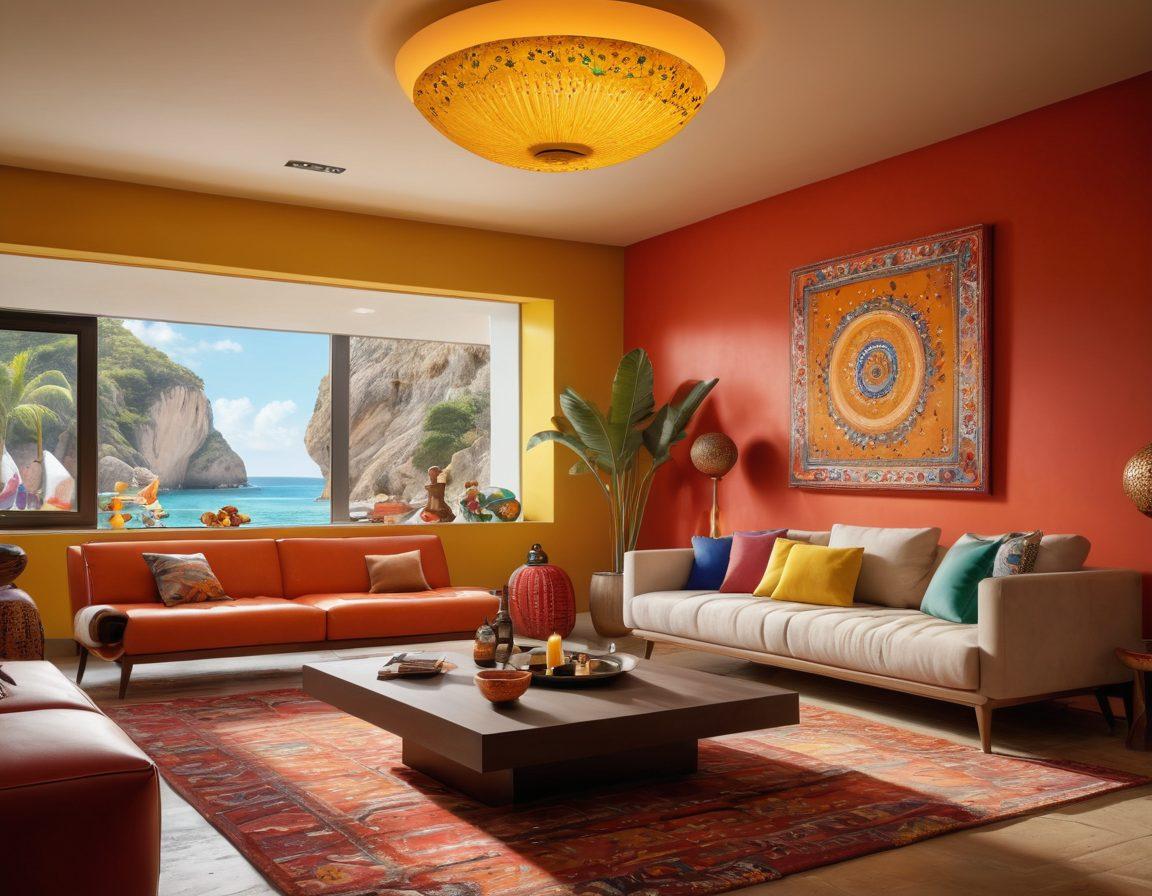 A futuristic living room scene showcasing a family enjoying a diverse array of Latin entertainment on a large screen, with vivid pay-per-view graphics surrounding them. Include elements like popcorn, vibrant colors, and cultural icons throughout the room. The ambiance is lively with digital streaming icons floating in the air, representing a revolution in entertainment consumption. Illustrate a blend of traditional Latin music instruments and modern technology in the background. vibrant colors. super-realistic. 3D.