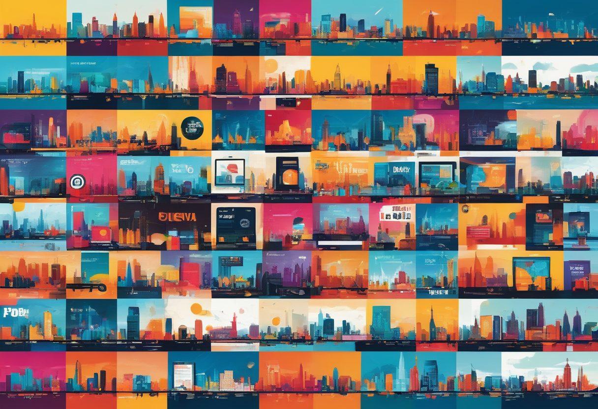 A vibrant collage depicting various Latin media platforms showcasing pay-per-view options. Include abstract representations of subscription models transforming into flexible pay-per-view icons. Incorporate silhouettes of diverse audiences enjoying content on devices like smartphones and tablets, set against a colorful city skyline backdrop. Use bold and modern typography integrated within the design to emphasize flexibility and innovation. bright colors. vector art. dynamic composition.