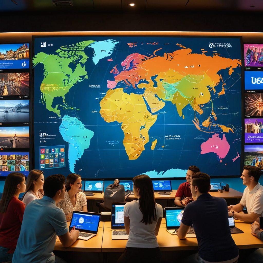 A vibrant digital landscape depicting a diverse group of people enthusiastically engaging with various screens showcasing Latin cultural content. Include elements of pay-per-view interfaces, symbols of currency, and visual cues representing premium access. In the background, a stylized map of Latin America pulsates with energy, symbolizing the booming digital scene. The atmosphere should feel lively and inclusive, capturing the essence of community and connection. super-realistic. vibrant colors. 3D.